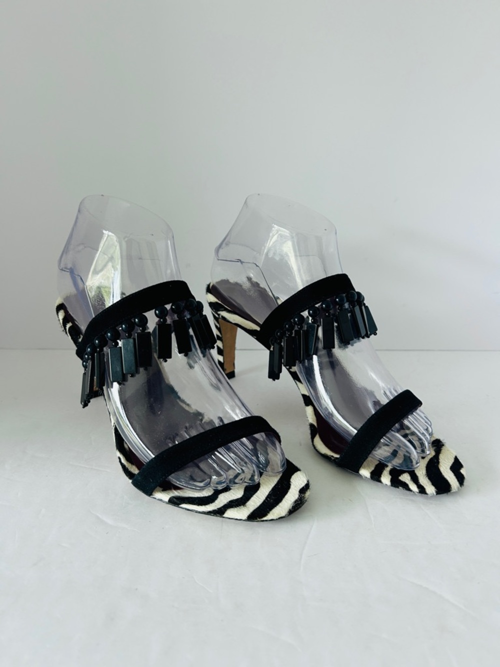 STAUD Raoule Zebra Beaded Fringe Heels Mules Calf Hair Shoes EU37 US Size 7 - Picture 2 of 9